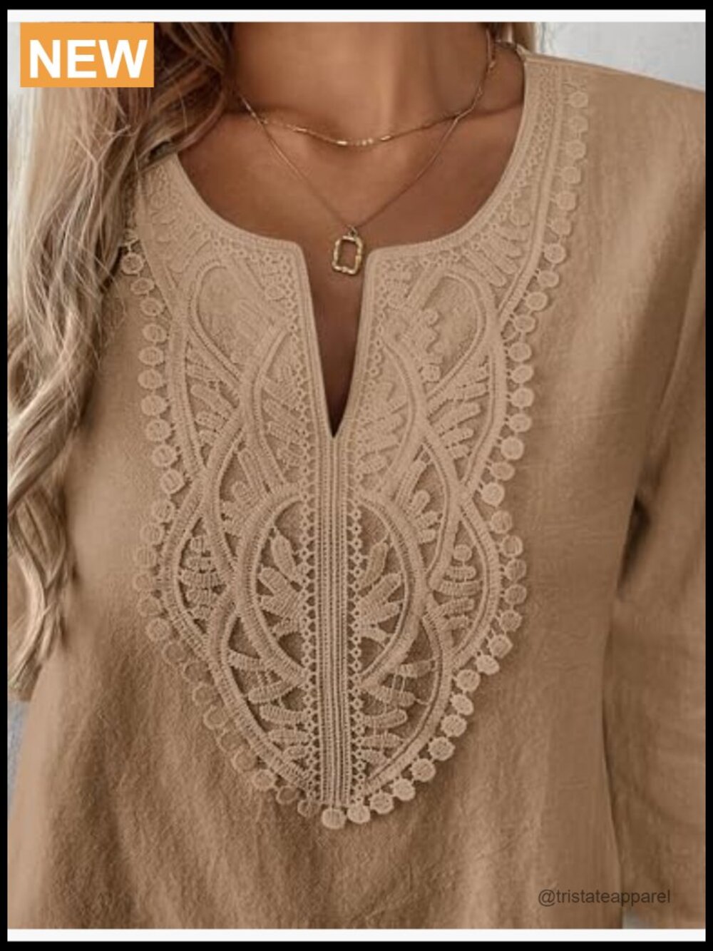 Womens 3/4 Sleeve Tunic Top Cotton Linen V Neck Lace Loose Fit Boho Blouse - Picture 5 of 5